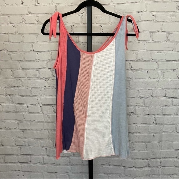 Striped Tie Multi Fabric Waffle Knit Cotton Tank - Picture 3 of 6